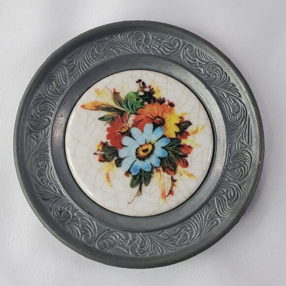 VTG 3 Pewter and Porcelain Drink Coasters Hand Painted Flowers German - Picture 4 of 12